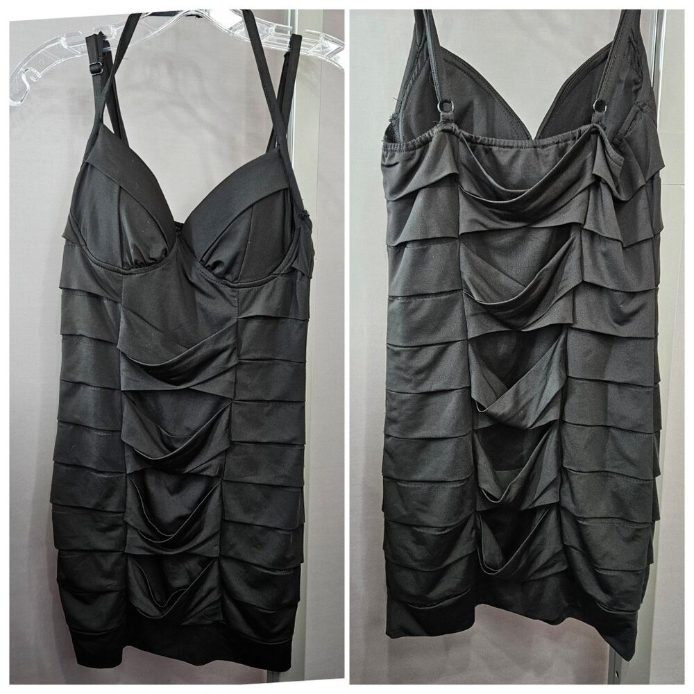 XXI Mini Body Con Dress M Black Layered Ruffle Adjust Shoulder Halter Padded Cup